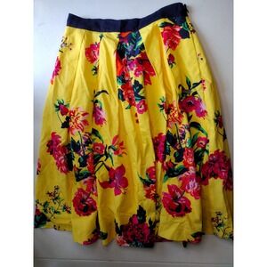 1901 Yellow Floral Pleated Midi Skirt Size 8 Navy Grosgrain Waist Tropical